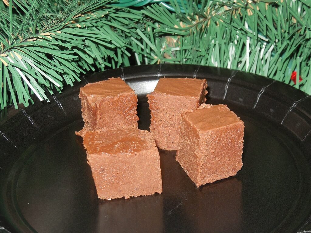 fudge squares, a crystalline confection made from sugar