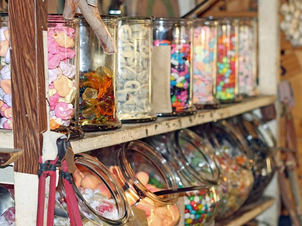 mixed sweets made with refined white sugar