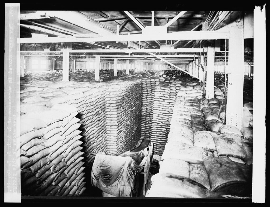 raw VHP sugar stored loose in a refinery warehouse